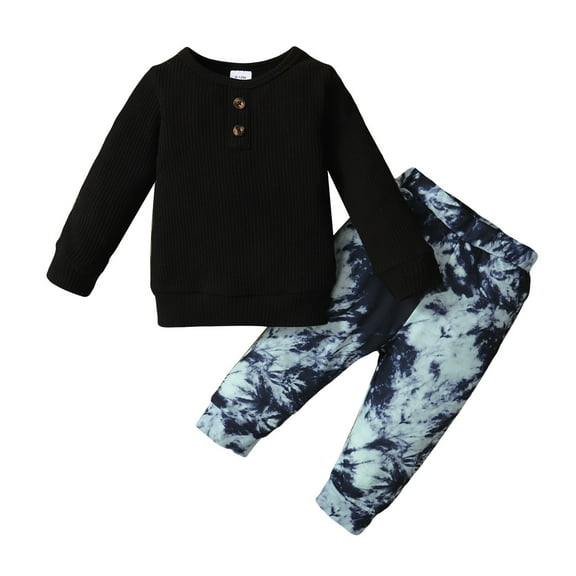 Toddler Baby Boys Clothes Baby Boys Outfits Long Sleeve Round Neckline Top Tie-dyed Pants 2PCS Set Black 12-18 Months