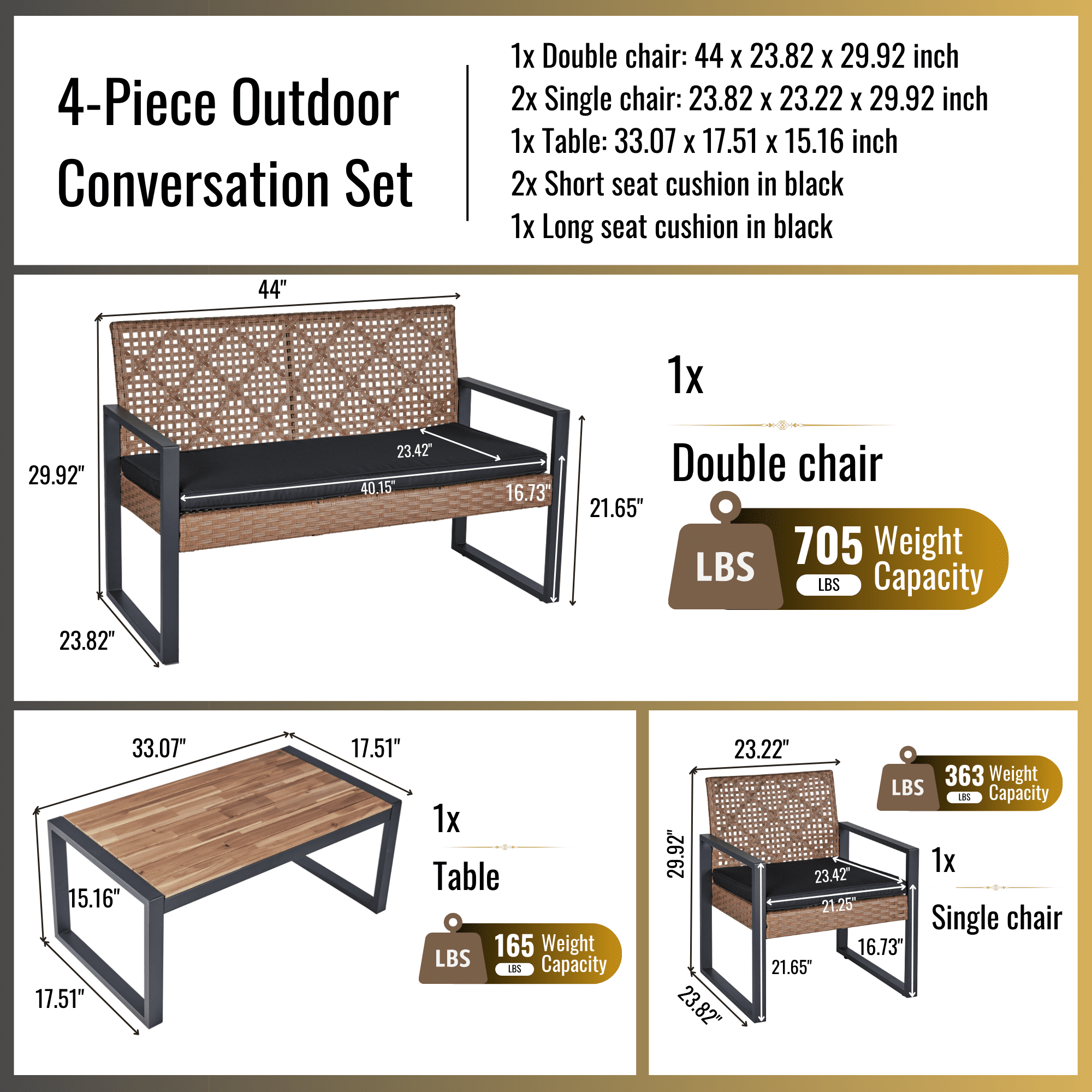 Patio Furniture Set for 4, Rattan Outdoor  Conversation Set with Wood Table, Brown PE Wicker Porch Sofa Set with Cushions, Porch Deck Poolside Furniture, Max 705LBS