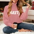 thumbnail image 2 of larppty Women's Christmas Turtleneck Sweater - Long Sleeve Letter Embroidery Loose Knit Pullover（Pink，L）, 2 of 9