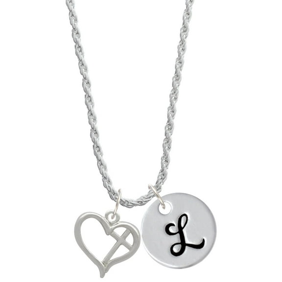 Delight Jewelry Silvertone Heart Outline with diagonal Cross Silvertone Script Initial Disc - L - Charm Necklace, 20" 3"