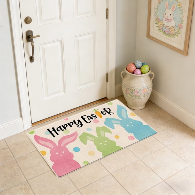 HCBY Easter Bunny Print Absorbent Doormat - Multi-functional Oil and Stain-Resistant Household Floor Mat for Home Decor