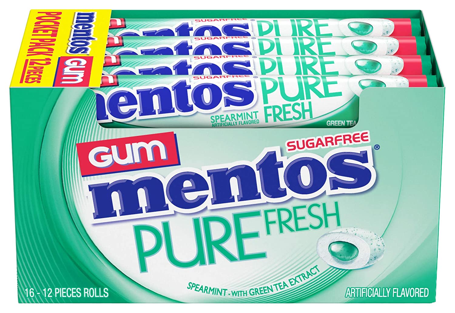 MENTOS PURE FRESH GUM, SPEARMINT, 12 Count (Pack of 16)