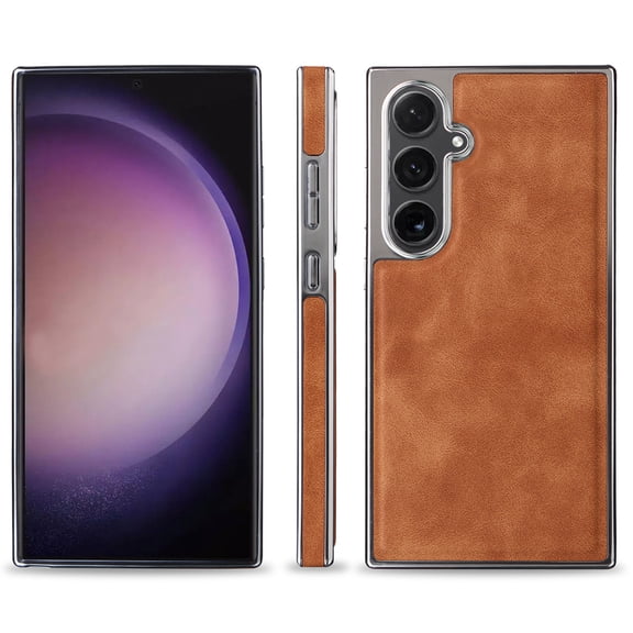 For Samsung Galaxy S26 Case Luxury PU Leather Texture Protective Cover with Elegant Electroplated Bumper Slim Thin Shockproof Non-Slip Scratch Resistant Back Bumper Classic Phone Case,Brown