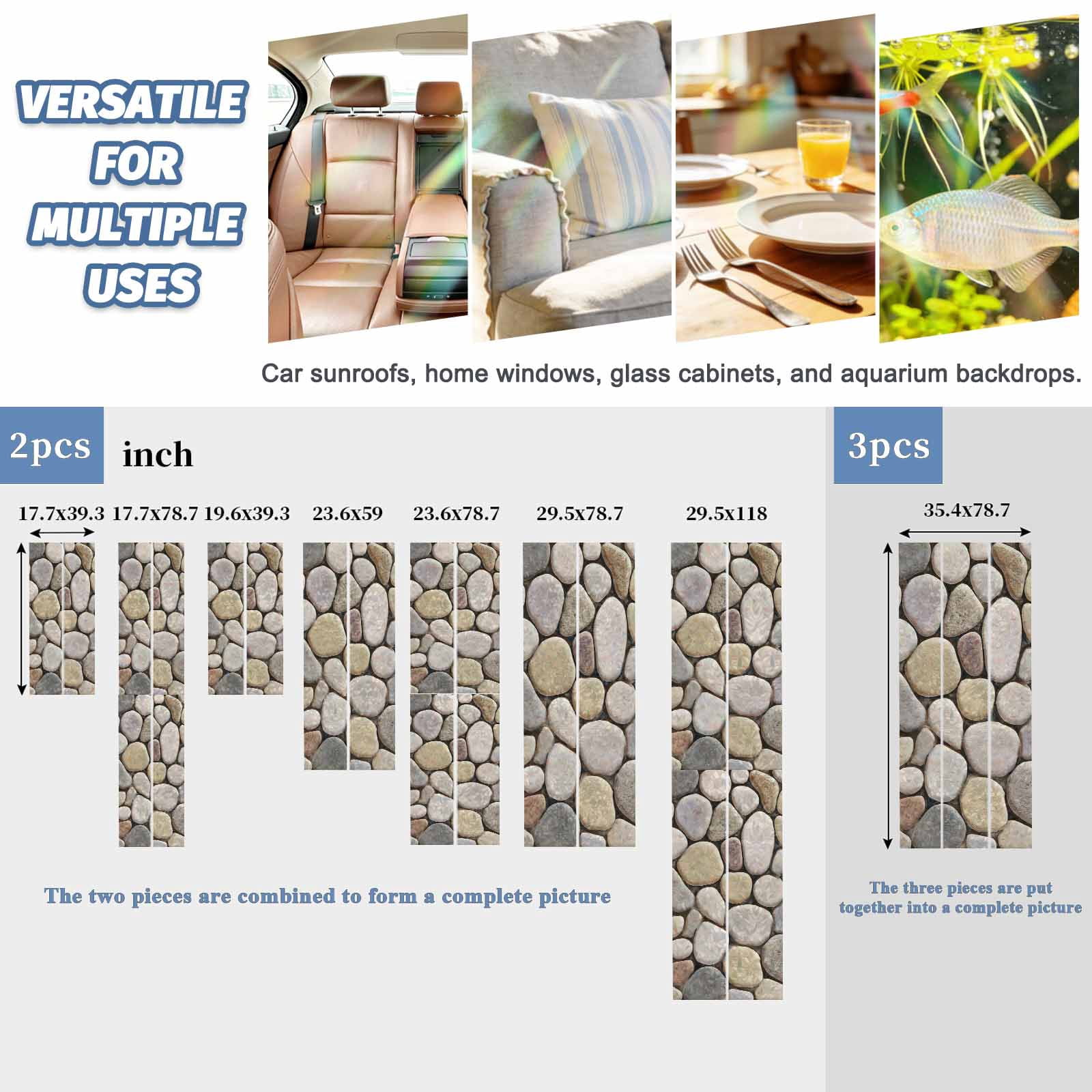 Cobblestones Window Privacy Film Stain Glass,Reusable Decorative Rainbow Window Film,Natural Stones Gravel Rock Aesthetic Art Static Cling Sun Blocking Stickers Decals Covers 23.6" x 78.7" (2pcs)
