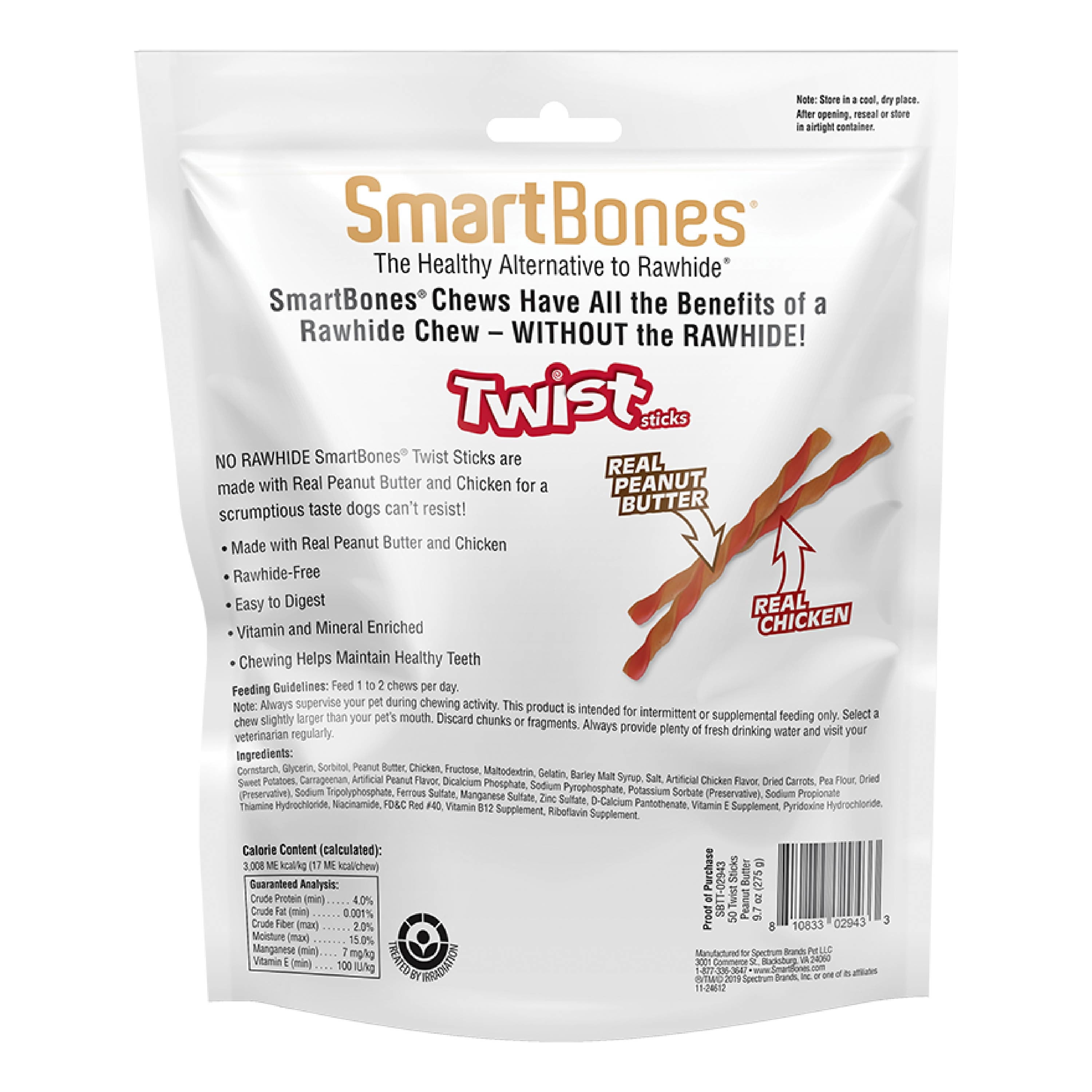 SmartBones Twist Sticks with Peanut Butter, Rawhide-Free Chews for Dogs, 50 Count