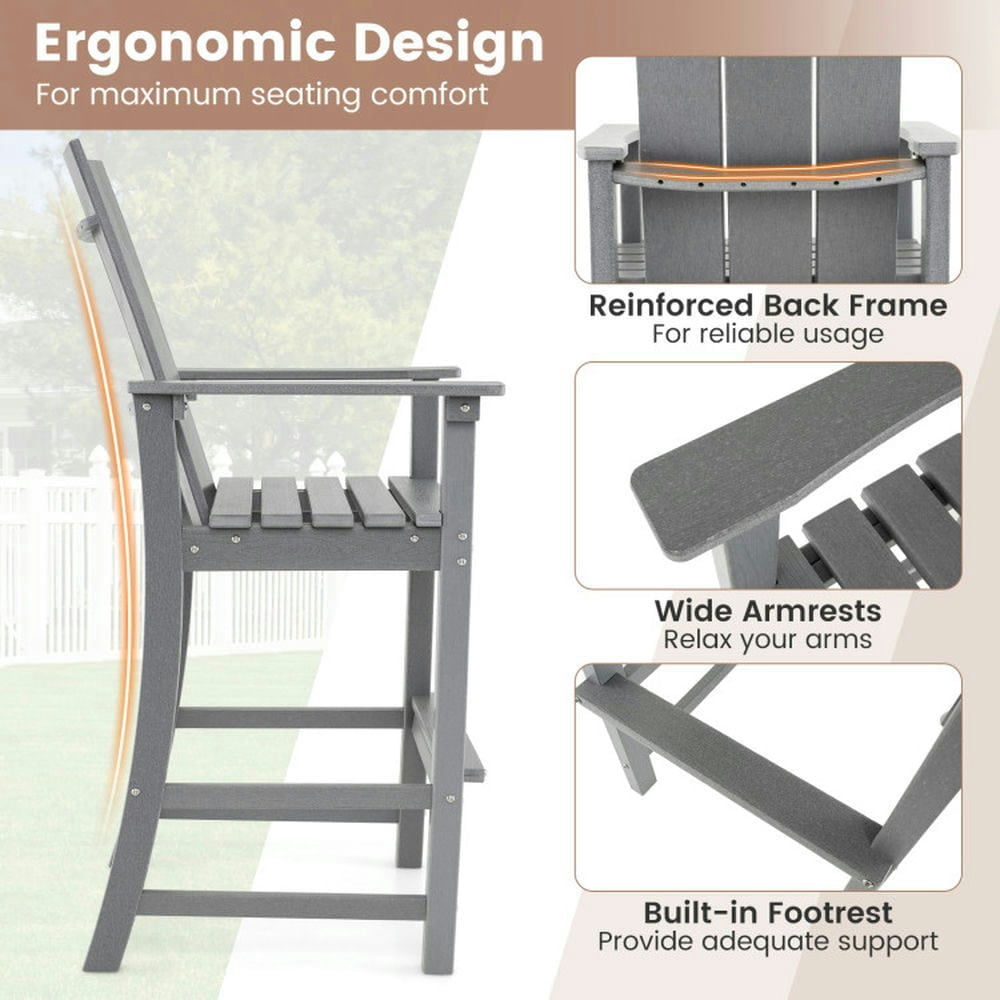 Demifill Tall Adirondack Chair Outdoor Bar Stool with Ergonomic Backrest, Patio Chair for Outdoor, Gray
