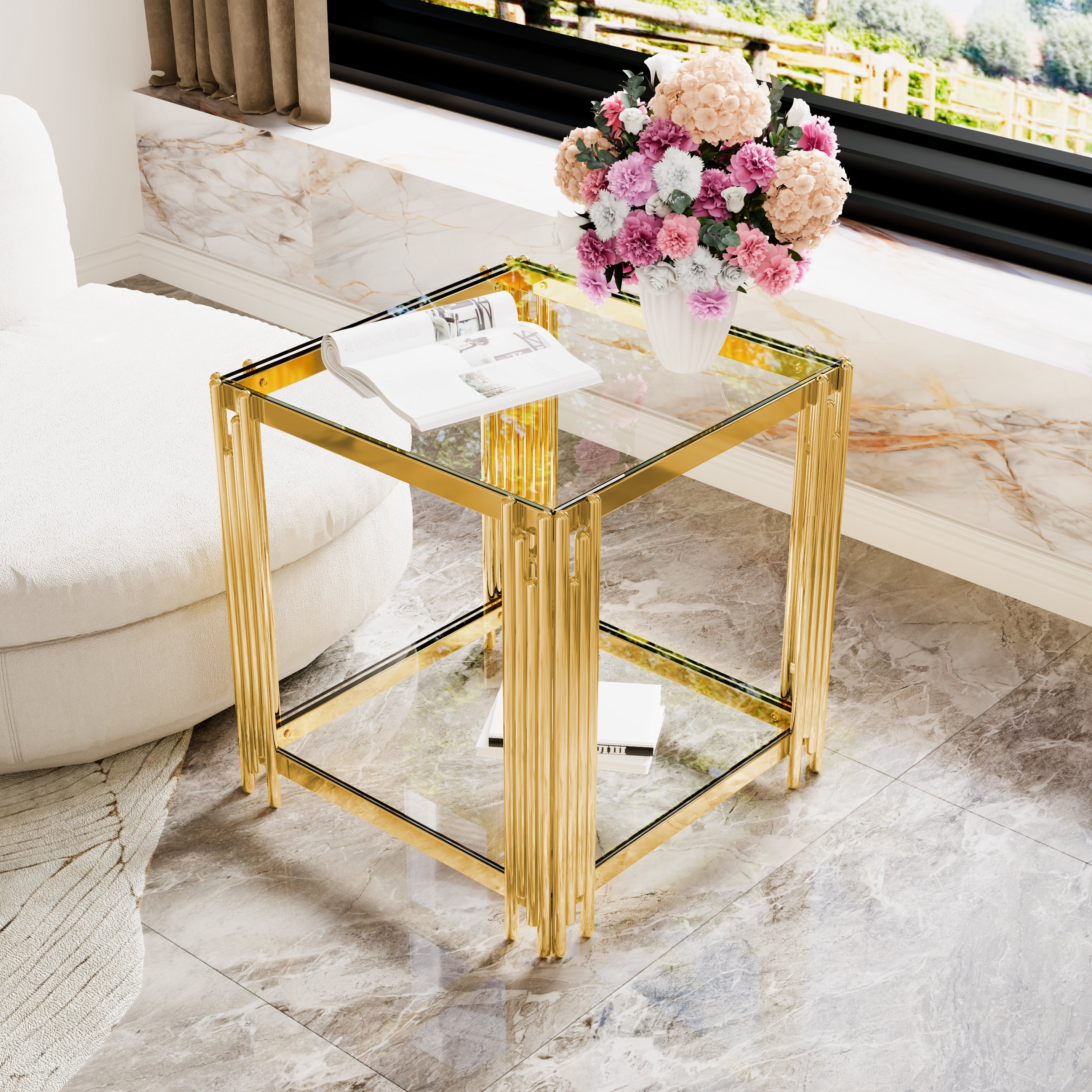 Euroco Modern Transparent Glass End Table for Living Room, Square,Asymmetrical Metal, Gold Finish & Lower Shelf, 19.9"
