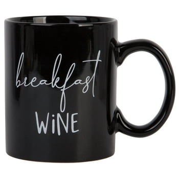 Mainstays 14 fl oz Stoneware Sentiment Black Mug "Breakfast Wine"