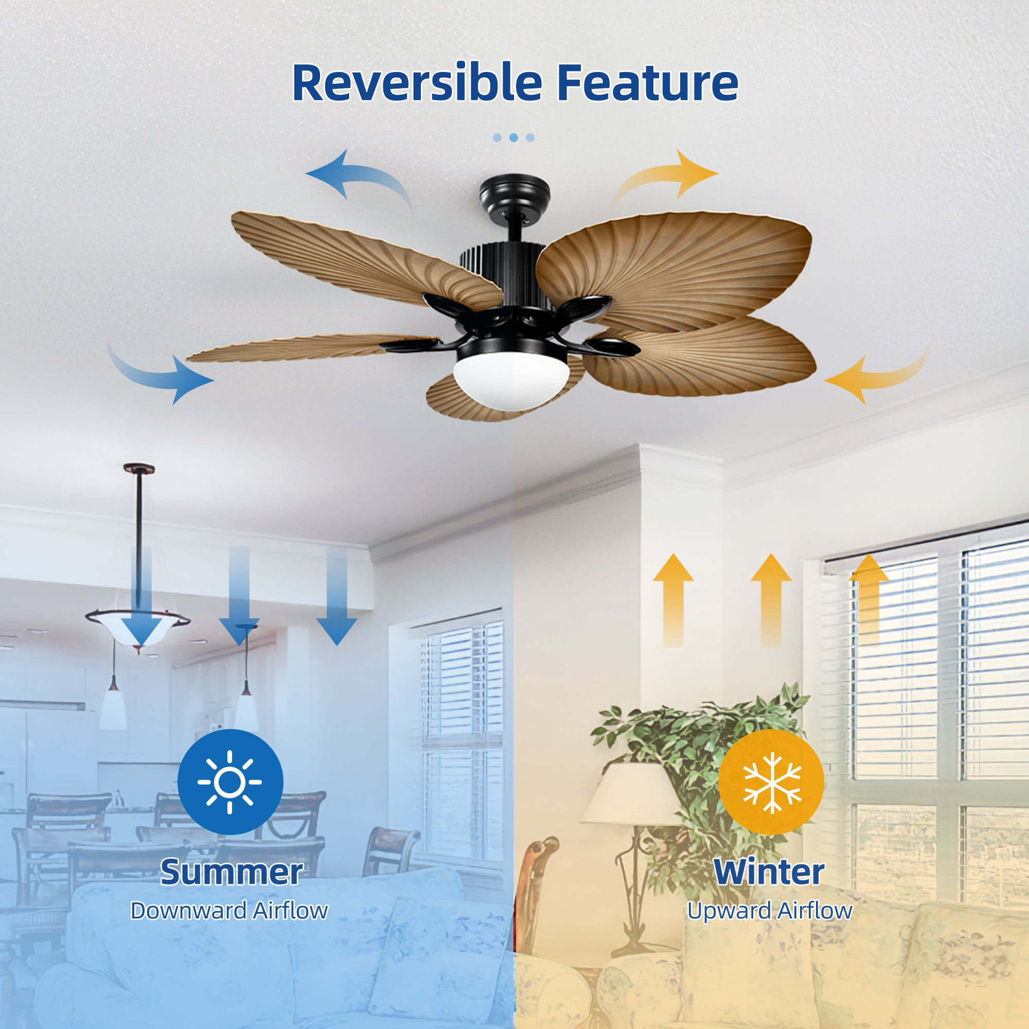 Dextrus 52-inch Tropical Ceiling Fans with Light and Remote, 5 Leaf Blades Energy-efficient ceiling fan for Outdoor, Indoor - Light Brown