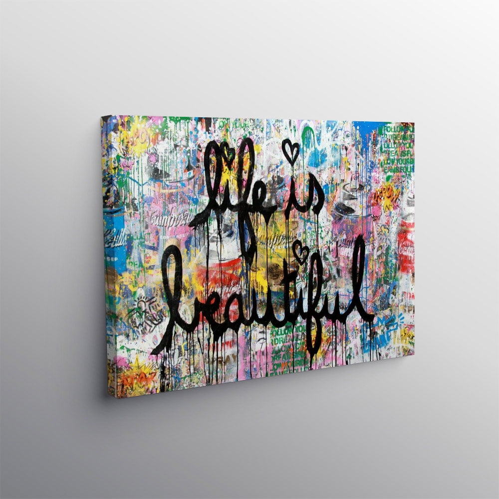 Banksy Canvas Wall Art Life is Beautiful Graffiti Abstract Painting Posters and Prints for Home Decor Living Room Office, Framed Ready to Hang(40" W x 30" H，Framed)