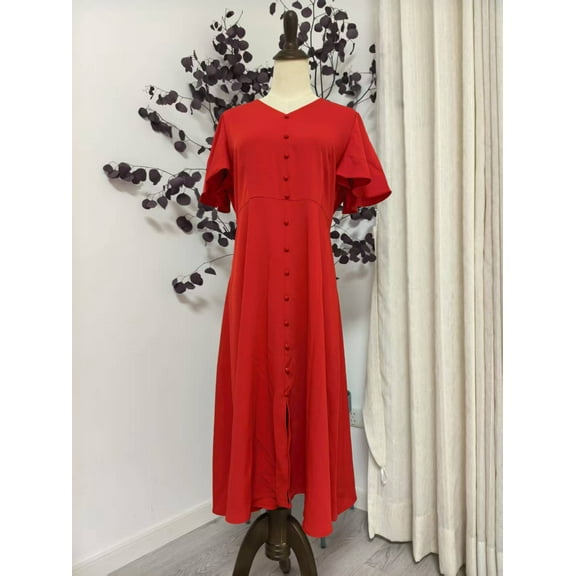 Women's Chiffon ruffle sleeve breasted dress red size S