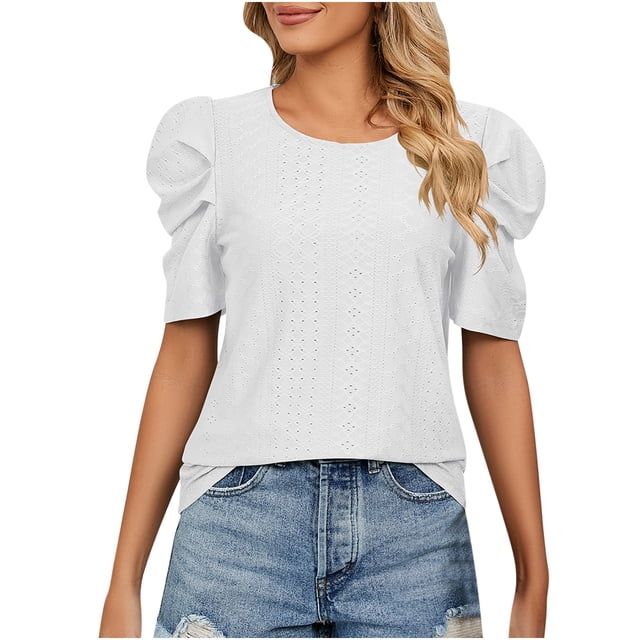 Yuyuzo Hauts pour Femmes Élégants Manches Bouffantes Col Rond Chemises à Illets Blouses de Travail BusinessTop