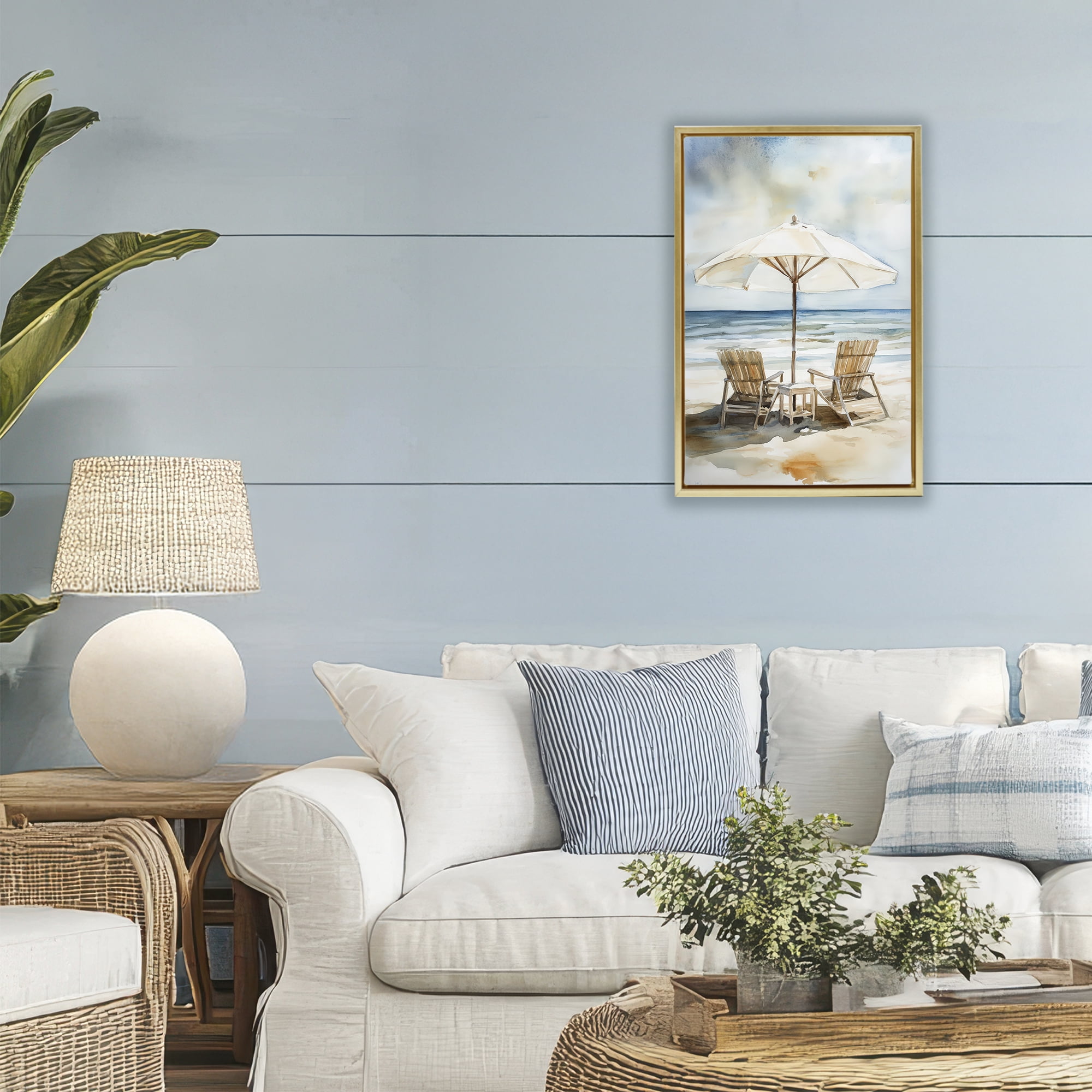 Stupell Industries Watercolor Paradise Beach Scene Gold Framed Floater Canvas Wall Art, design by Petal Prints Design