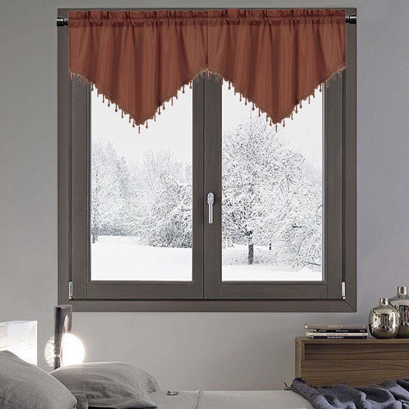 Beaded Triangle Sheer Valance Curtains for Living Room, Rod Pocket Farm Window Valance, Bead Trim Tassel Voile Sheer Curtain Valance for Bedroom Bathroom Cafe