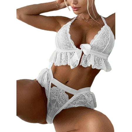 

Colisha Women Nightdress 2 Pieces Underwear Solid Color Sexy Lingerie Set Halter Ladies Plain Tie Up See Through Deep V Neck White XL