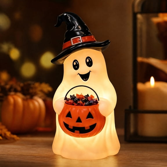 Eolstice Lighted Ghost Witch Figurine, Cute Non-Scary, LED Glowing, Pumpkin Candy Bucket, Halloween Tabletop Decor for Home Party Mantel Fall