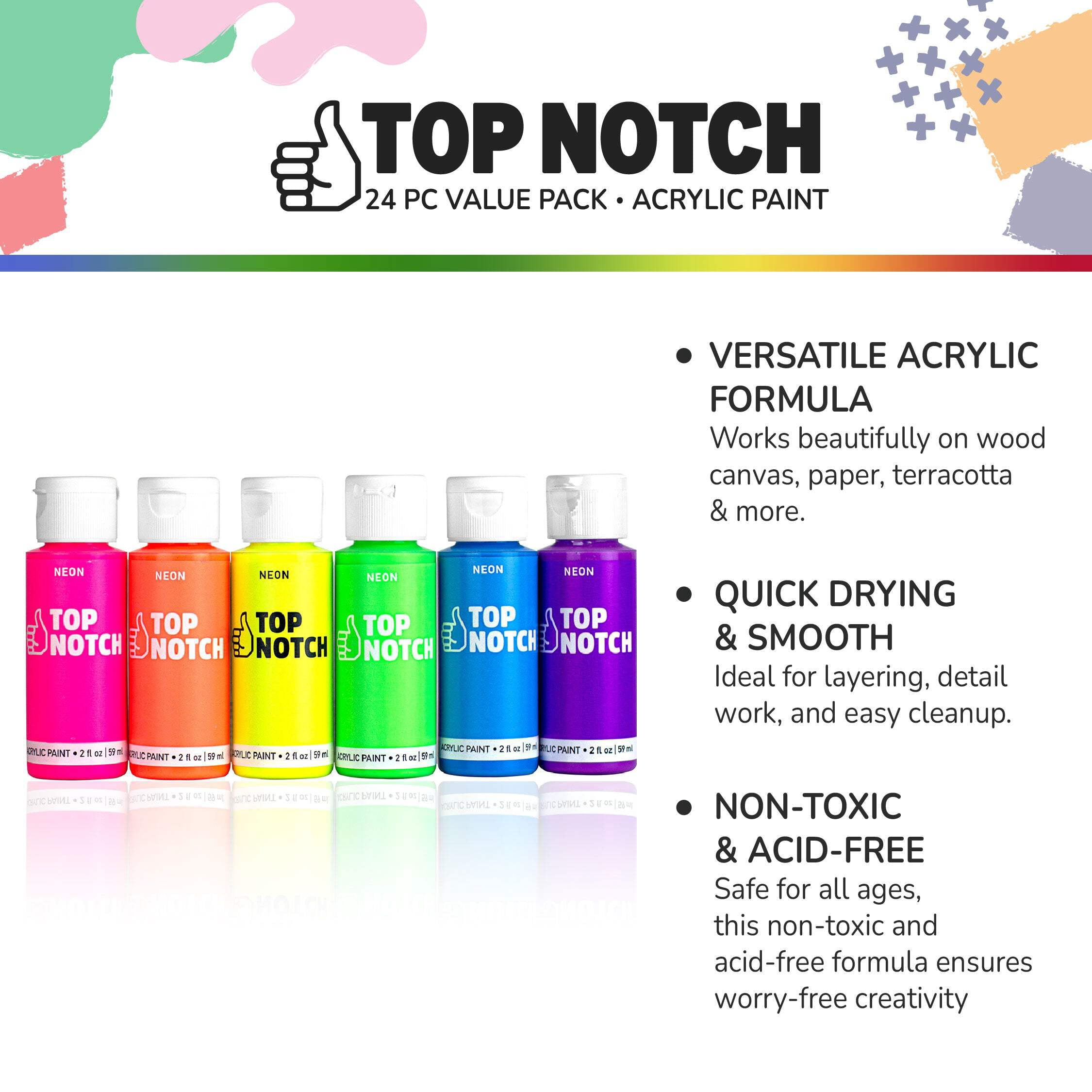 Top Notch Neon Acrylic Paint Set, 24 Count Craft Paint Bottles, 6 Essential Colors, Non-Toxic Paint for Kids, Classrooms & Crafts