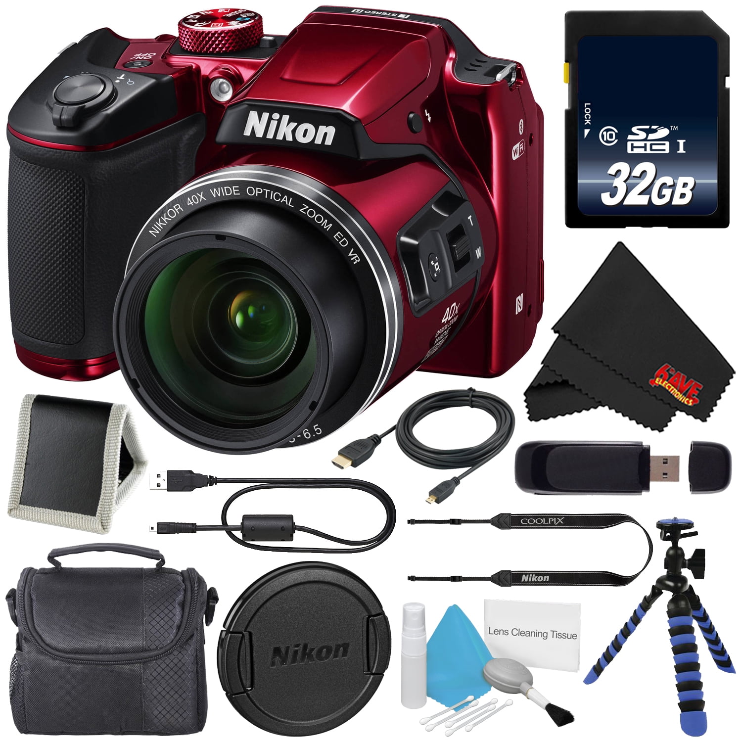 Nikon Coolpix B500 Digital Camera Red 32gb Sdhc Class 10 Memory