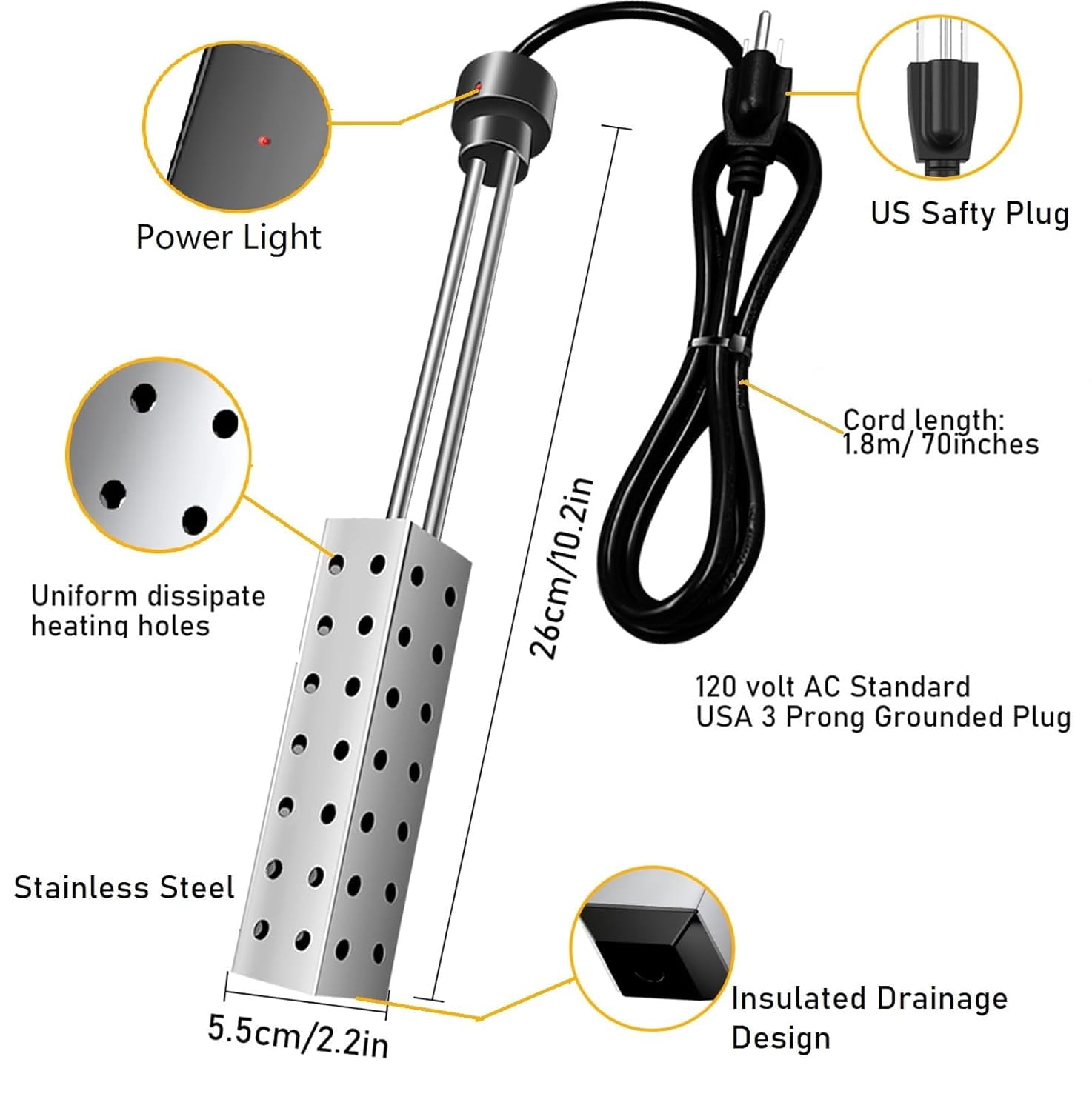 Totowood -Immersion Water Heater for Bathtub, 5 Gallon Bucket Water Heater. Stainless Steel Sumbersible Water Heater Heat Water Fast in Bathtub, Bucket.Pool Heater for Inflatable Pool.