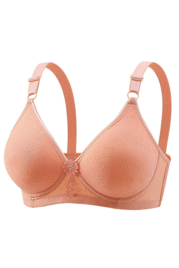 Seamless Padded Wireless Bra for Women No Underwire, Solid Color Jacquard Full Coverage T Shirt Bra, Lightly Lined Bralette with Adjustable Straps, Orange,36B