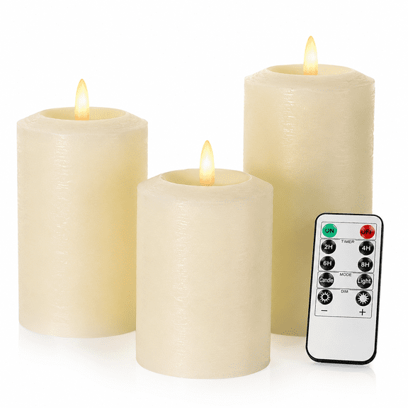 ANGELLOONG Flameless Candles with Remote Timer, Real Wax Ivory Flickering LED Pillar Candles with 3D Wick for Livingroom Bedroom Home Decor Set of 3