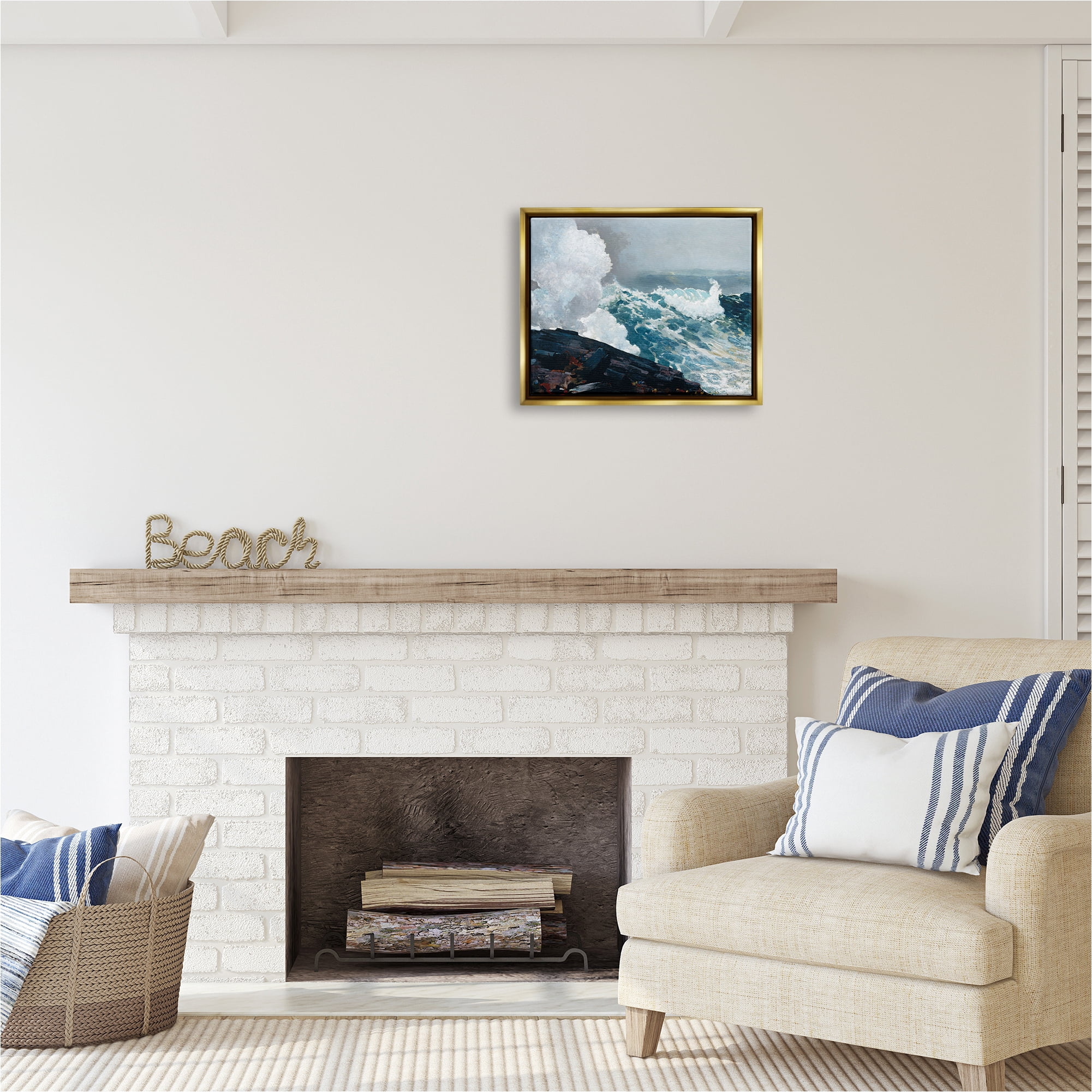Stupell Industries Ocean Waves & Cliffs Landscape Painting Gold Floater Framed Canvas Art Print Wall Art, 21 x 17