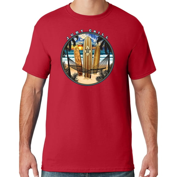 Mens Manu Bay Surf Company JUST CHILL SURFING T-shirt, 5XL True Red