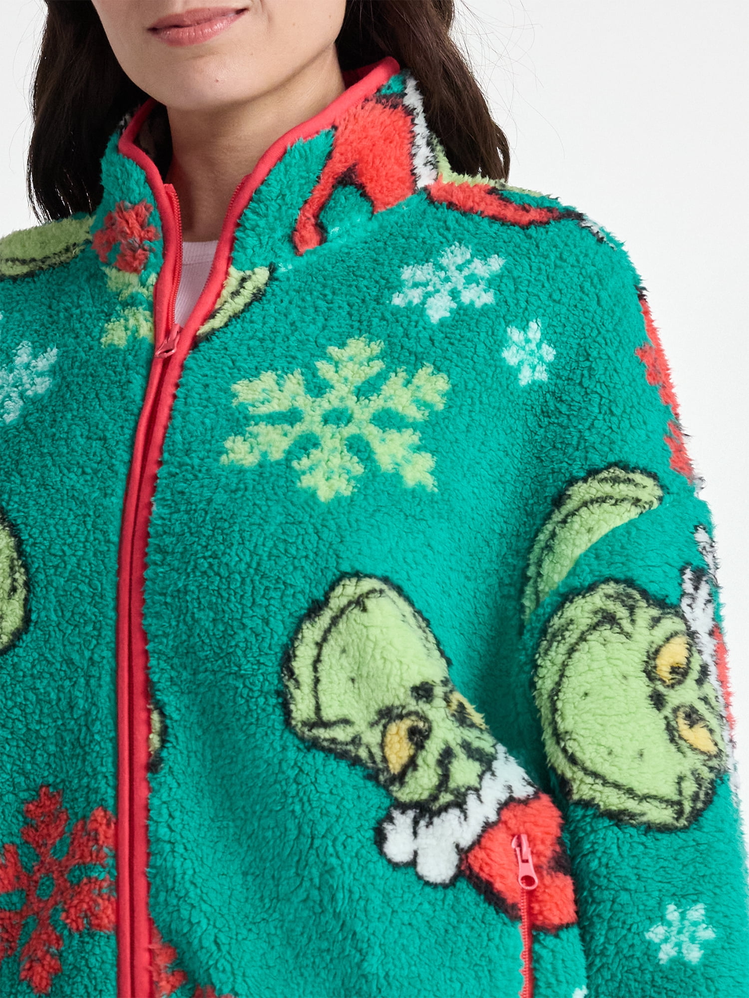 The Grinch Women’s Christmas Print Woobie Fleece Jacket, Sizes XXS-XXL