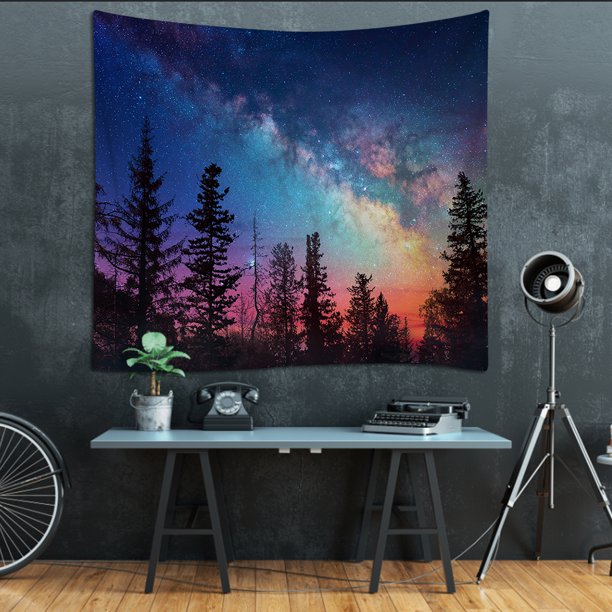 Tapiz colgante de pared con cielo nocturno y bosque, tapetes de fondo de sala de estar