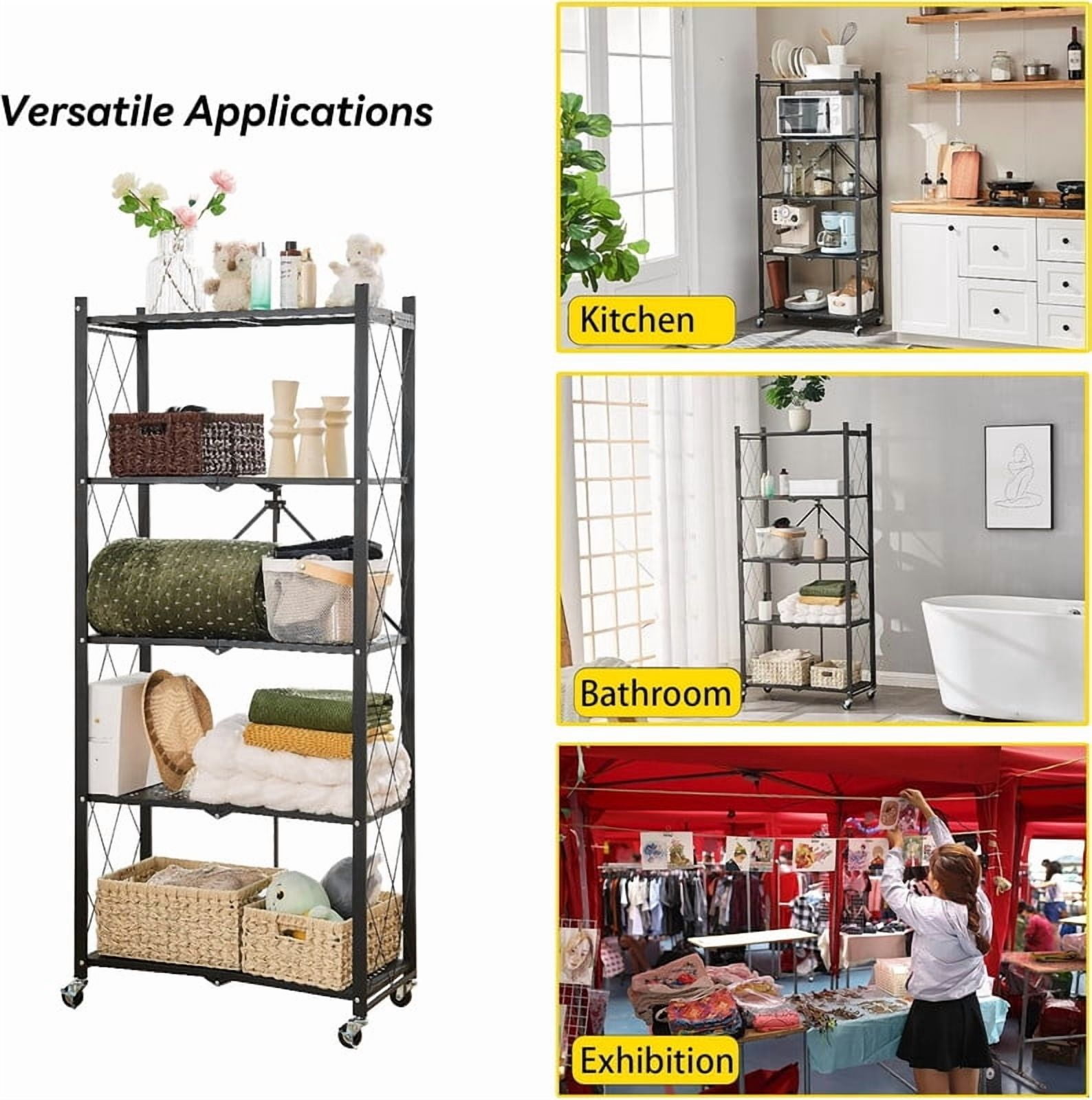 Foldable 5-Tier Heavy Duty Storage Rack with Wheels,Rolling Utility Cart for Kitchen, Garage, Living Room, Study, Basement