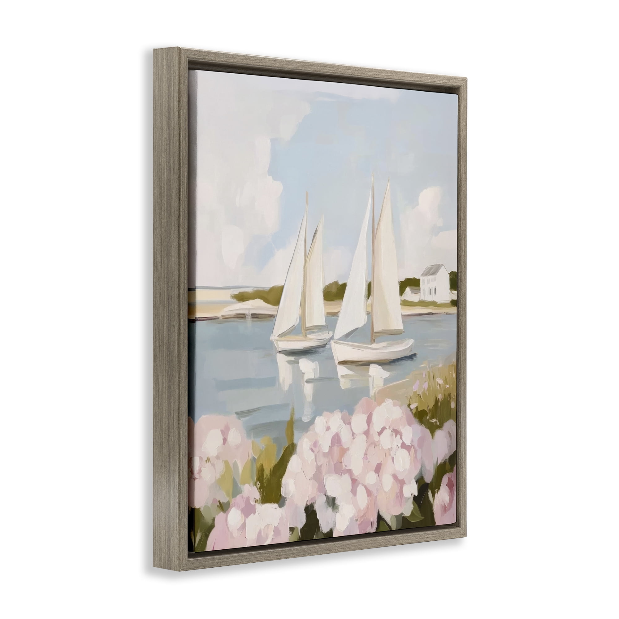 Stupell Industries Sailboat Duo with Pink Hydrangeas Brown Framed Floater Canvas Wall Art, design by Sisi and Seb