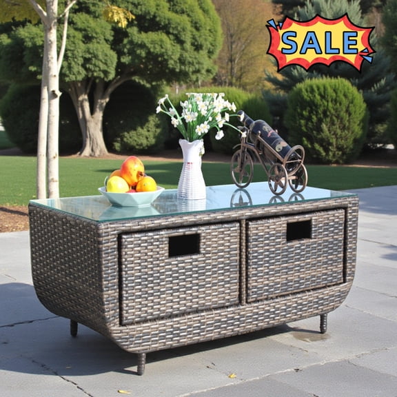Tcbosik Rattan Coffee Table with Glass Top, 43.7" Accent Table with 2 Storage Drawers, Outdoor Table for Deck, Lawn, Patio, Garden, Bronze