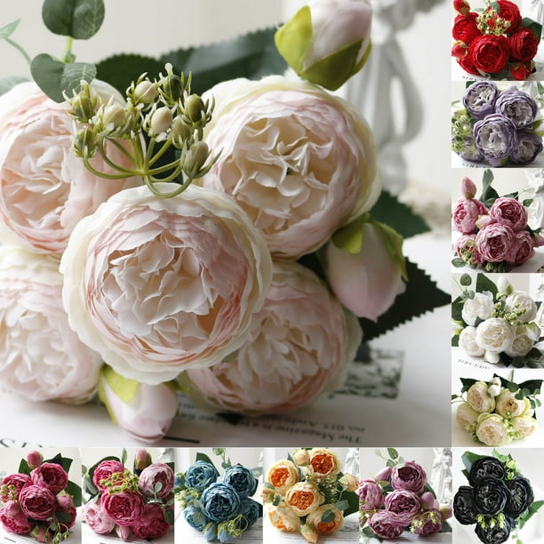 Ramo de flores de peonía de seda artificial - 5 cabezas vibrantes para decoración de boda para centros de mesa, San Valentín, cortejo nupcial, hogar y oficina
