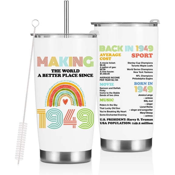 75th Birthday Gifts for Women, Best Gifts for 75 Year Old 1949 Women''s Birthday Gift Ideas, 20oz Tumbler Stainless Steel Double Wall Vacuum Insulated Coffee Travel Mug Cup with Straw Old People Gifts