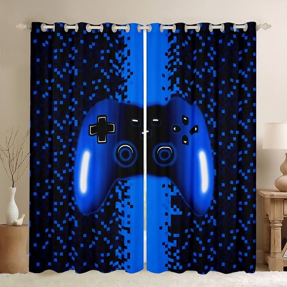 Manfei Boys Girls Gradient Blue Gamepads Curtains Pack of 2 (42x84 Each),Video Game Curtains Blackout,Futuristic Cubes Bedroom Curtains,Ultra Soft Home Decor