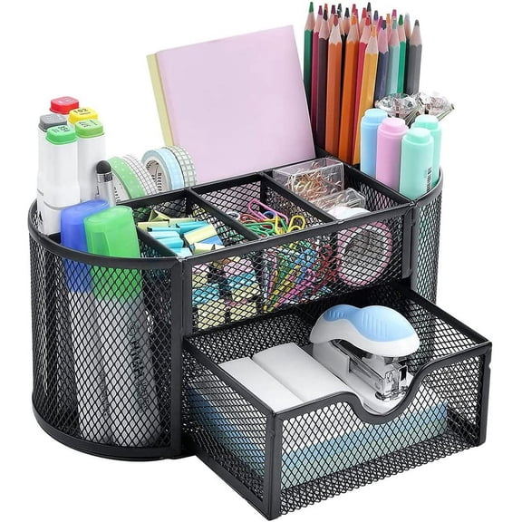 DISEN Mesh Desk Organizer with Drawer,8 Compartments,Black