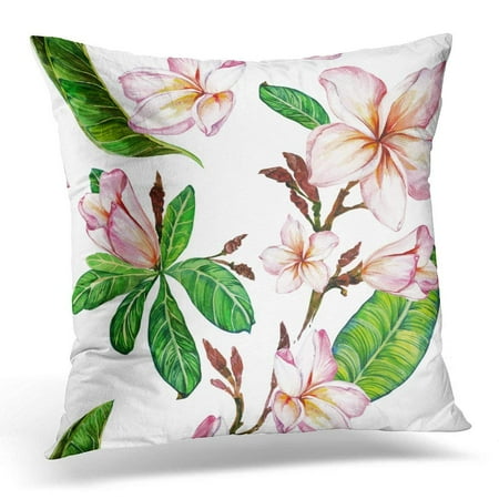 Green Sofa Pillows ARHOME Colorful Border Pink Plumeria Flower on Twig Floral Pattern White Watercolor Painting Green Tropical Throw Pillow Case Pillow Cover Sofa Home Decor 16x16 Inches ()