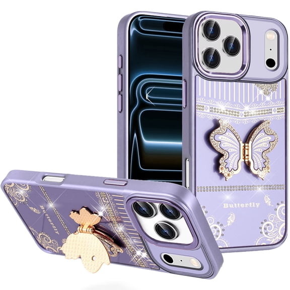 For Apple iPhone 17 Pro Max Glitter Butterfly Case with 3D Stand Sparkle Hybrid Metallic Edges Protective Phone Cover Slim Fit [Purple]