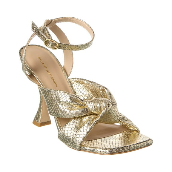 Stuart Weitzman Playa Ankle Strap Snake-Embossed Leather Sandal, 6.5, Gold