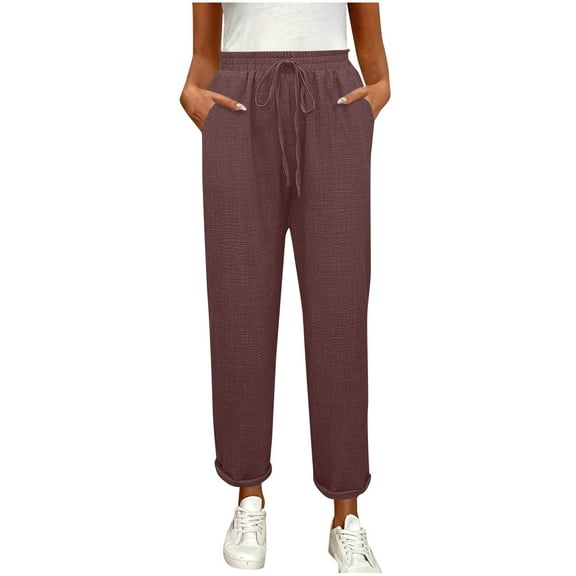 Stamzod Casual Pants for Women Fashion Solid Color Stretch Waist Full Length Pants Daily Straight Loose Pants for Women with Pocket Brown M