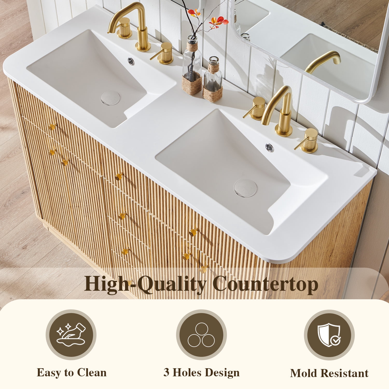Keywhat 48" Bathroom Vanity with Sink, Modern Fluted Vanity with 2 Drawers & Storage Cabinet, Quick Assembly, Natural Oak