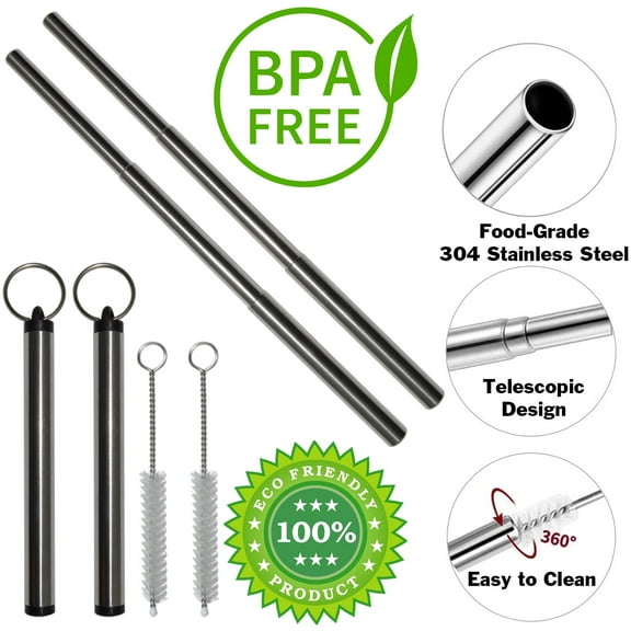 2 Pack Collapsible Metal Straws with Cleaning Brushes and Portable Keychain Holders - Reusable and Environmentally Friendly