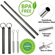2 Pack Collapsible Metal Straws with Cleaning Brushes and Portable Keychain Holders - Reusable and Environmentally Friendly