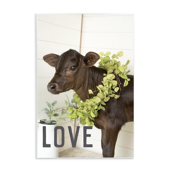 Stupell Industries Rustic Lodge Farmhouse Love Baby Cow with Garland Wreath Photograph Wall Plaque Art, 13 x 19, by UTURN Studio