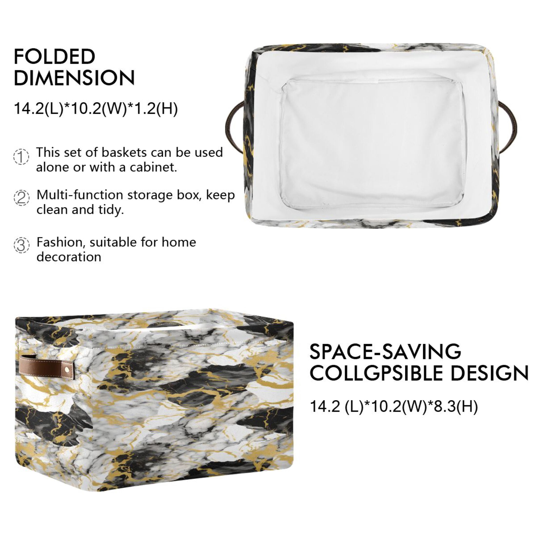 White Gray Black Gold Marble Storage Bins with Handle Fabric Organizer Basket Foldable Box 2 Pack 14.2x10.2x8.3