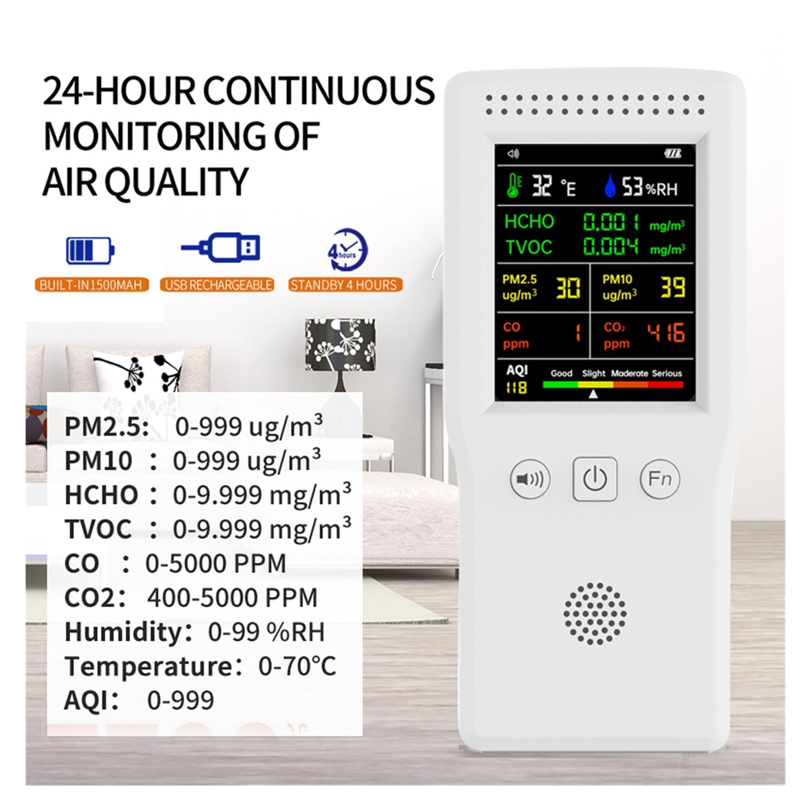 9 In 1 Air Quality Detector LCD Display PM2.5 PM10 HCHO TVOC CO CO2 Temperature Humidity Multifunctional Air Quality Monitor ,Easy to Use