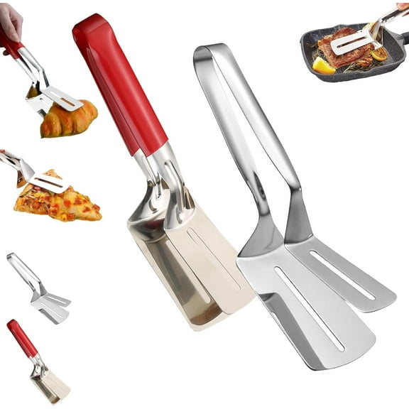 Stainless Steel Grill Clamp | Anti-Scald Extended Handle Spatula Tongs for Cooking, Slotted Double Spatula for Flipping Steak, Fish, Bread, Hamburger, BBQ & Pizza