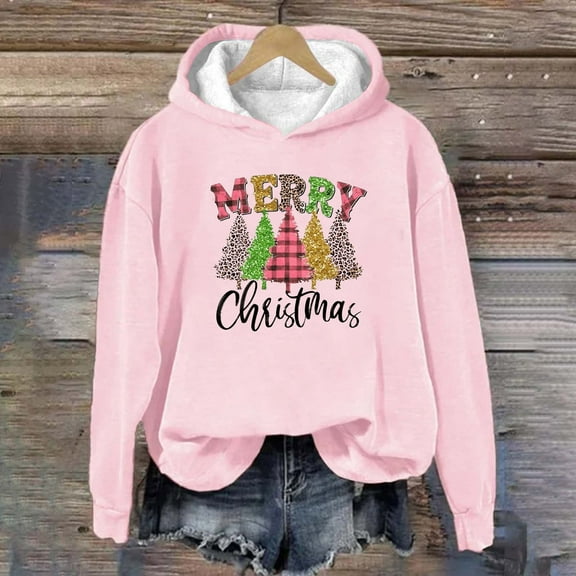 Women's Christmas Fashion Hoodie Long Sleeve Round Neck Tops Outwear Ladies Casual Print Pullover (XL, Pink)