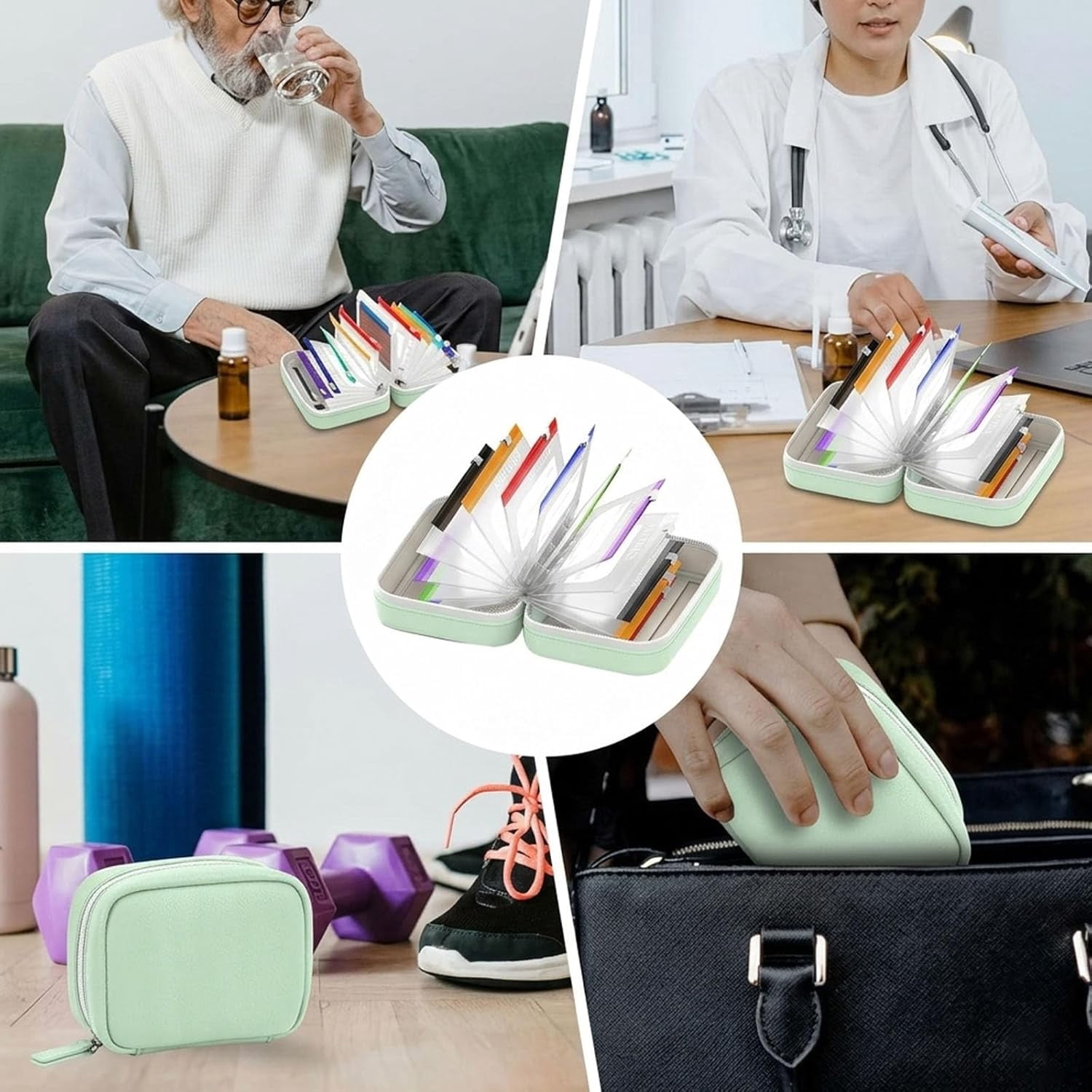 Waterproof Pill Pouch Set-14pcs Bags Inside, A8 Waterproof Pill Organizer Set, Reusable Pill Pouches for Travel, Zippered Pill Pouches for A8 Binder with 14 Color-Coded Bags for Daily Use (2-Green)