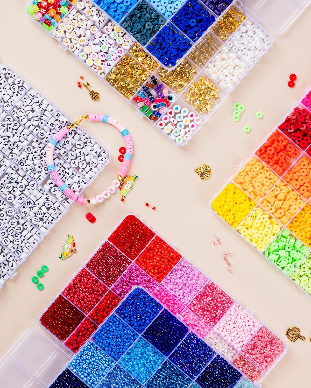 Friendship Bracelet Kit 6 Boxes, Bracelet Making Kits with 48 Colors Clay Beads, 48 Colors Glass Seed Beads and 4 Styles Letter Beads (A-Z) with Charms for Bracelet Making Gift